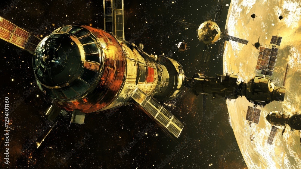 A futuristic spacecraft navigating through a vibrant cosmic landscape with distant planets A futuristic spacecraft navigating through a vibrant cosmic landscape with distant planets