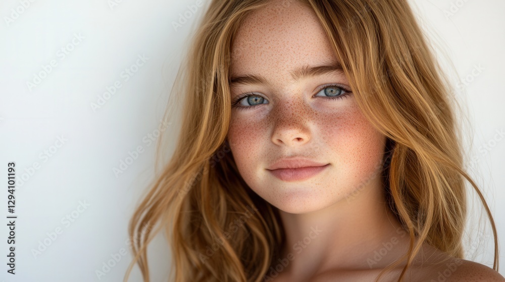Portrait of a Beautiful Young Girl with Freckles and Blue Eyes Radiating Innocence and Natural Beauty Against a White Background Portrait of a Beautiful Young Girl with Freckles and Blue Eyes Radiating Innocence and Natural Beauty Against a White Background
