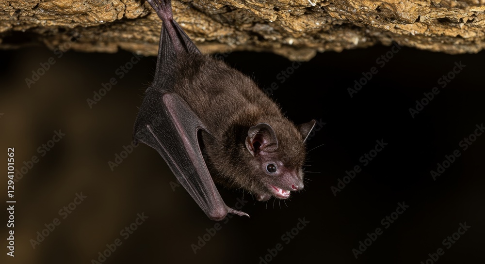 Fototapeta premium Close up of a Japanese pipistrelle bat hanging in a dark cave with a faint glowing aura - This showcases a Japanese pipistrelle bat with dramatic lighting and intricate fur textures