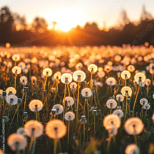 A close up of dandelions in a field at sunset photo