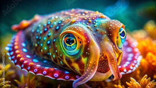Close-up of Dwarf Cuttlefish, Sepiola Species, Derawan Island, Borneo, Indonesia - Bokeh Background photo