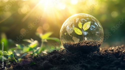 A glass globe with a small plant inside, set in rich soil, illuminated by sunlight in a lush environment
