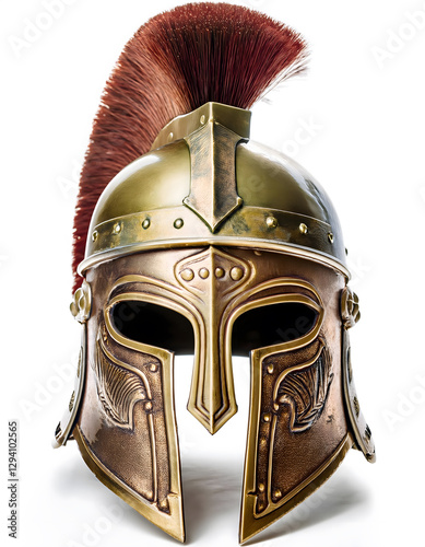 A bronze Corinthian helmet with a prominent red plume, featuring intricate details and a classic design, isolated on white