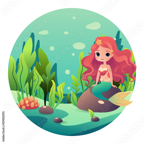 The little mermaid sits on a rock at the bottom of the sea.