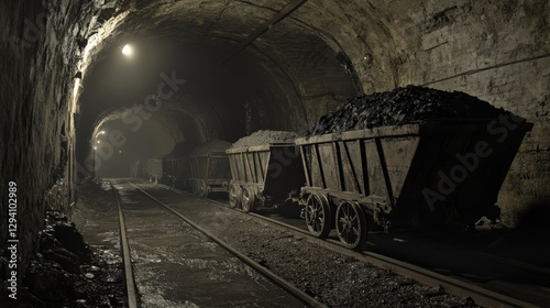 Underground Mining Tunnel with Rail Carts Filled with Extracted Coal