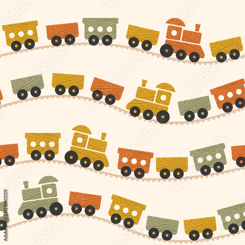 Little wooden train seamless pattern. Children toy. Locomotive and wagon. Vector illustration