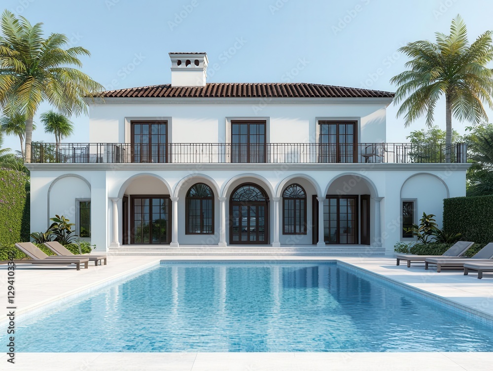 Fototapeta premium Coastal mansion with multilevel terraces and direct beach access, pure luxury