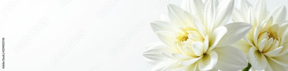 Fototapeta premium Close-up of pristine white dahlias against a stark white backdrop , blossom, pure