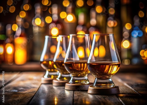 Close-up of Three Glencairn Glasses of Whiskey on Wooden Bar with Bokeh Background photo