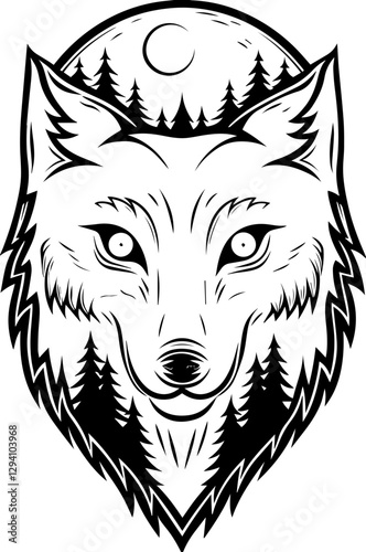 Dark fantasy vector features a Grim Reaper skeleton in SVG format.Detailed Wolf Head Illustration Surrounded by Forest and Moonlight