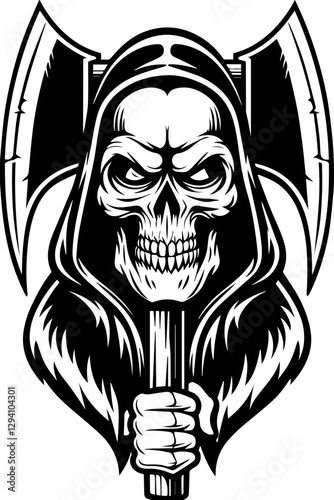 Dark fantasy vector features a Grim Reaper skeleton in SVG format.Detailed Artwork of Grim Reaper with Axes and Skull Illustration