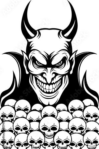 Dark fantasy vector features a Grim Reaper skeleton in SVG format. Sinister Demon with Skulls Design in Black and White Illustration