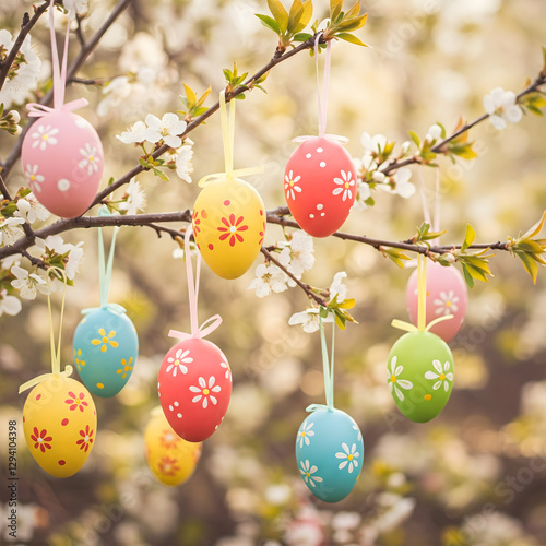 Colorful Easter eggs hang from blooming branches, creating a cheerful spring scene