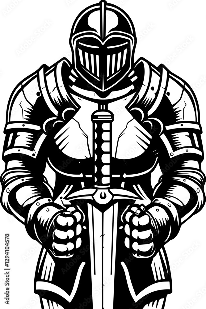 Obraz premium Dark fantasy vector features a Grim Reaper skeleton in SVG format. Strong Knight in Armor with Sword Ready for Battle and Adventure