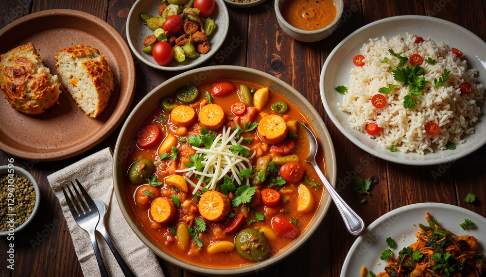 Bunny chow curry-filled loaf with vegetables on dining table, evening warmth Bunny chow curry-filled loaf with vegetables on dining table, evening warmth