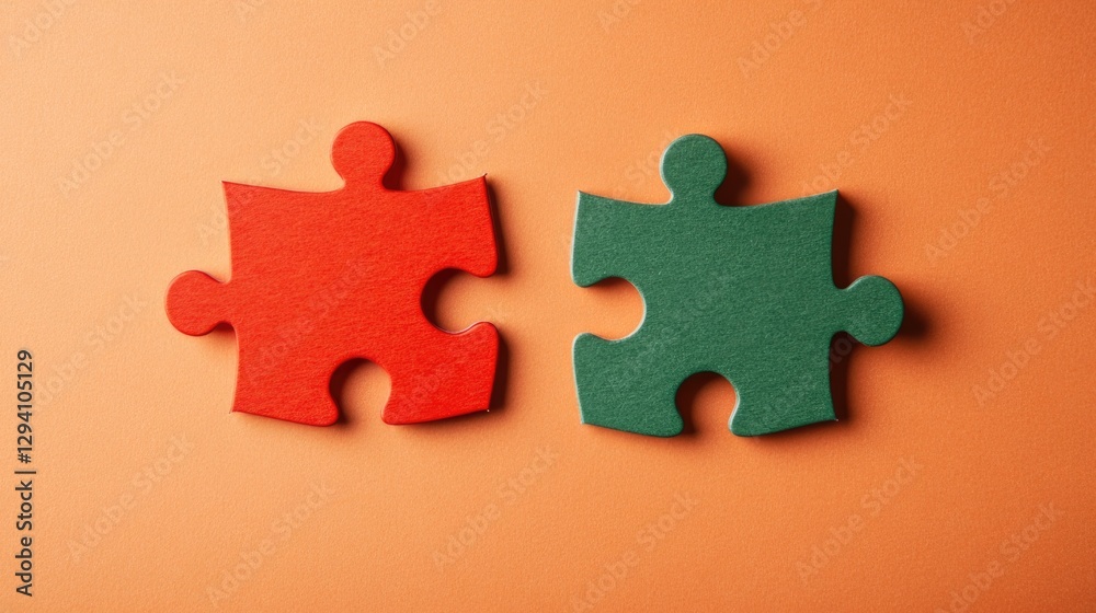 Fototapeta premium Highlighted here are two puzzle pieces in red and green, placed on a subtle orange background, representing the essence of problem-solving and collaboration in various contexts.