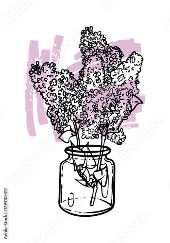 Hand drawn line art lilacs in a vase. Vector illustration of spring flower. Elegant doodle of beautiful flower on lila sketched background. Graphic assets for print and online designs.