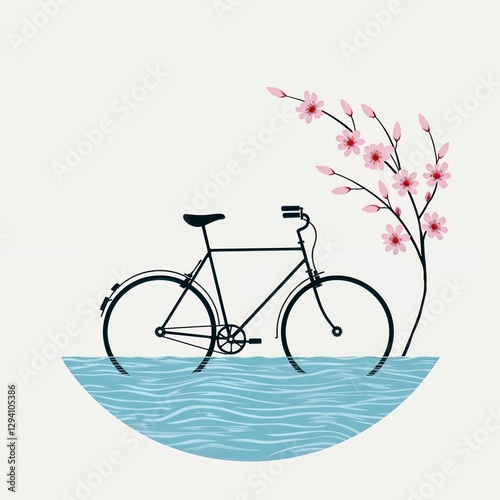 Minimalist Bicycle in Water With Flowers Peaceful