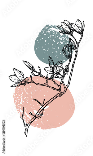 Hand drawn line art magnolias on a branch. Vector illustration of spring flowers. Doodle of beautiful flowers on green and beige sketched background. Graphic assets for print and online designs.