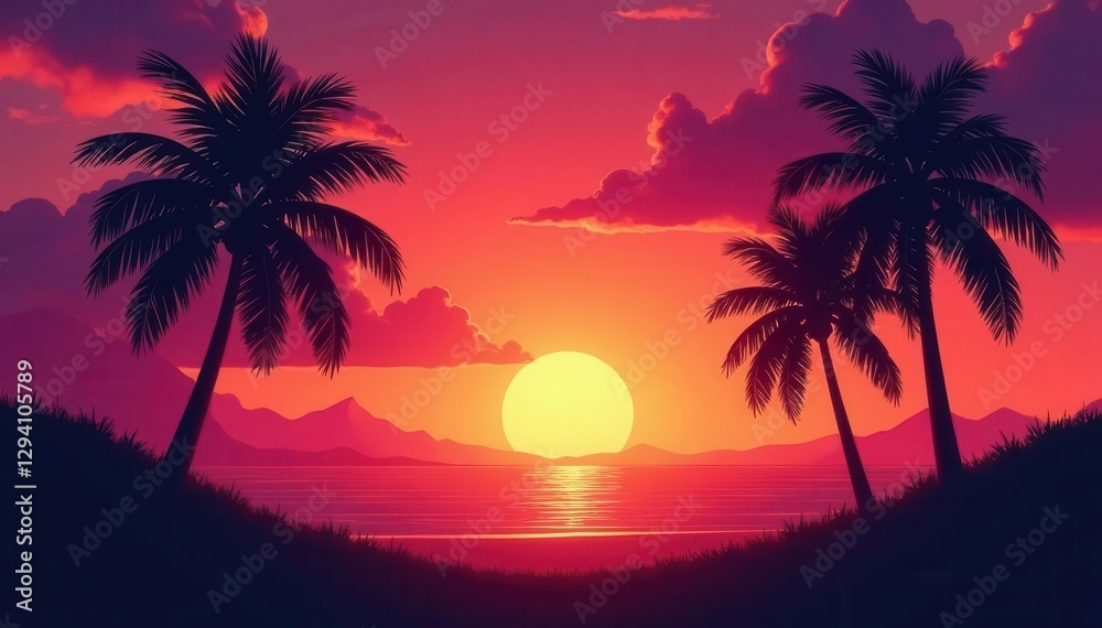 Dark silhouettes of palm trees against a vibrant sunset , aesthetic, tropical island