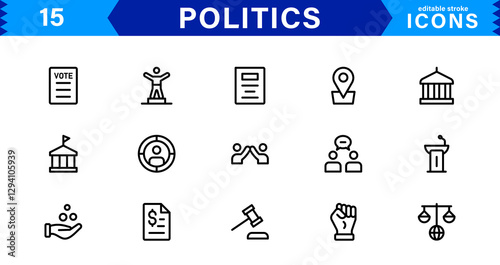 Minimalist Politics Icon Pack. Flat, Line, and Outline Icons for Elections, Governance, and Public Policy