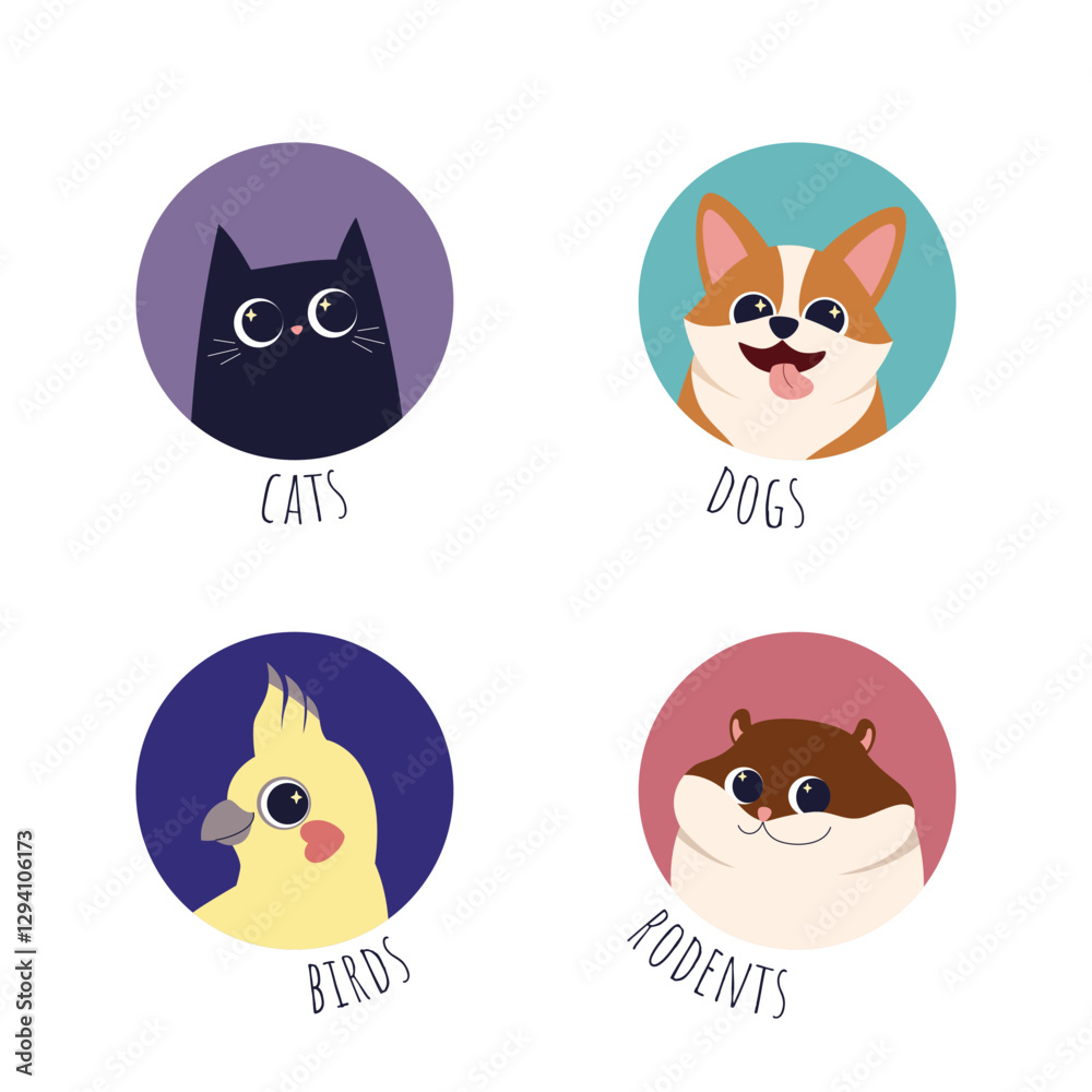 Fototapeta premium Pet icons with different types of pets - cats dogs rodents parrots