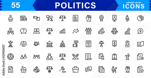 Minimalist Politics Icon Pack. Flat, Line, and Outline Icons for Elections, Governance, and Public Policy