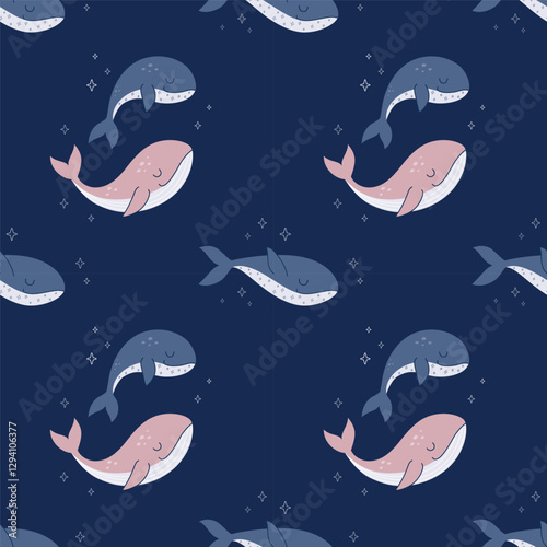 Seamless pattern with cute whales swimming in the sky with stars