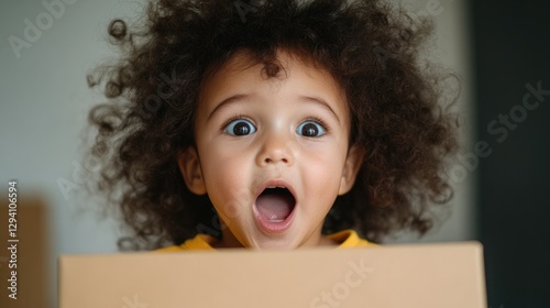 Excited child with curly hair opens cardboard box, expressing pu photo