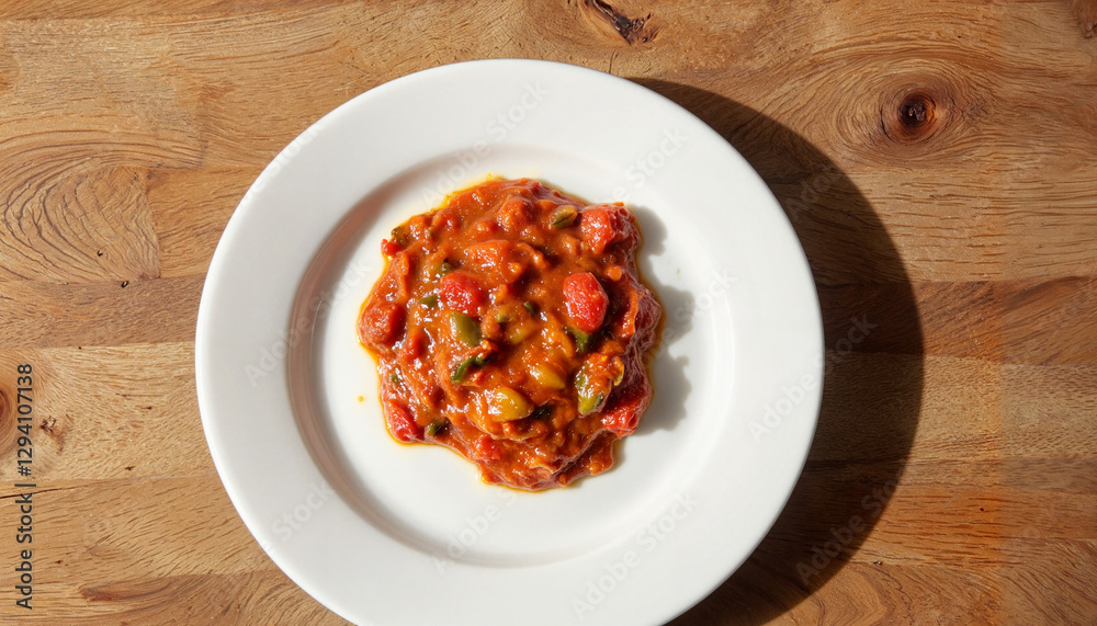 Fototapeta premium Realism food photography dollop of harissa on white plate, minimalistic aesthetic