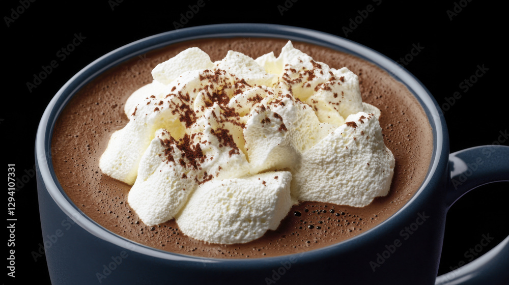 Delicious hot chocolate topped with whipped cream and cocoa powder Delicious hot chocolate topped with whipped cream and cocoa powder