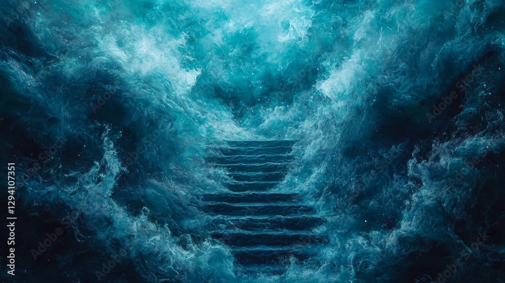 Obraz premium Surreal Scene of Turbulent Waves Surrounding Mysterious Staircase Leading to Unknown Depths of the Oceanic Abyss