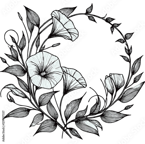 PNG Hand drawn botanical illustration vintage floral wreath of wild flowers, engraved black and white frame, set of decorative elements of plants, blossom pattern, blooming sketch Collection leaf 
