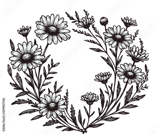 PNG Hand drawn botanical illustration vintage floral wreath of wild flowers, engraved black and white frame, decorative elements of plants, blossom pattern, blooming sketch cosmos, Chamomile, daisies