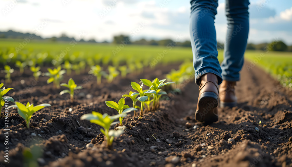 Close-Up of a Farmer's Boots in a Green Crop Field Under a Bright Sky Close-Up of a Farmer's Boots in a Green Crop Field Under a Bright Sky