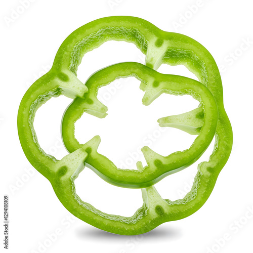 Slices of vibrant green bell pepper, revealing their hollow core, are arranged against a clean white backdrop
