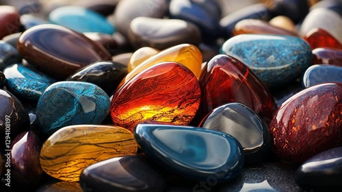 Colorful gemstones. Natural minerals. Multicolored shiny stones close-up.