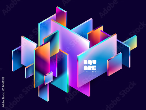  3D colorful squares and rectangles. Abstract geometric background of glass Isometric shape.
