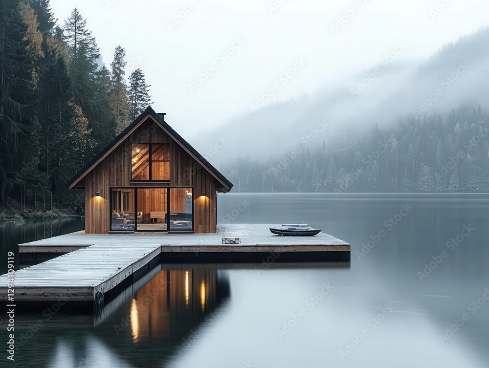 Fototapeta premium Exclusive lakeside property with boathouse and private dock, tranquil luxury