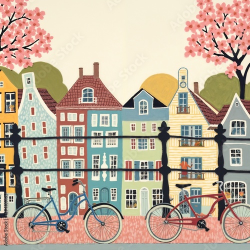 Colorful Canal Houses With Bicycles Scenic