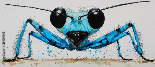 Vibrant blue insect watercolor, large eyes, detailed legs photo