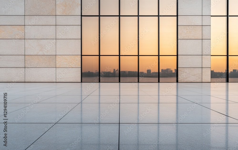 A modern architectural space featuring large glass windows reflecting a warm sunset, creating a serene and inviting atmosphere. A modern architectural space featuring large glass windows reflecting a warm sunset, creating a serene and inviting atmosphere.