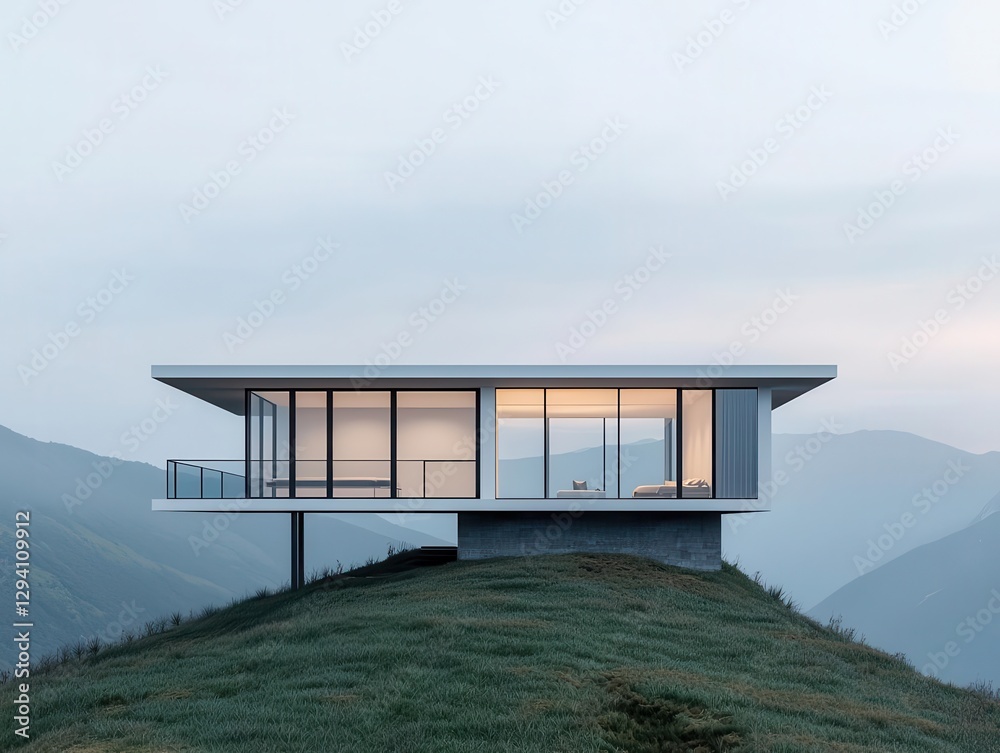 Designer glass house perched on a mountain ridge, minimalist masterpiece Designer glass house perched on a mountain ridge, minimalist masterpiece