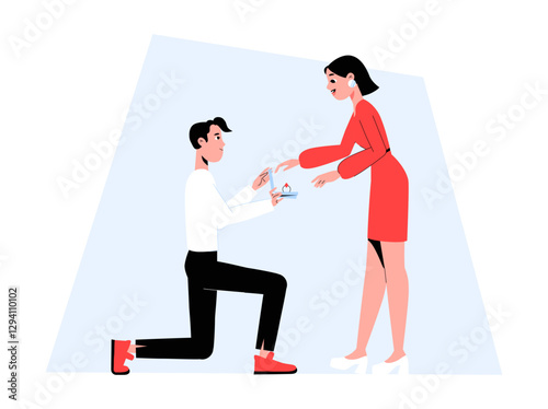 Man Proposing To Woman With Engagement Ring In Flat Vector Illustration Symbolizing Love, Commitment, And Romantic Gestures, Isolated On White Background
