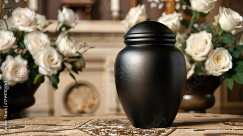 Black urn with cremated remains and white roses. Memorial service.