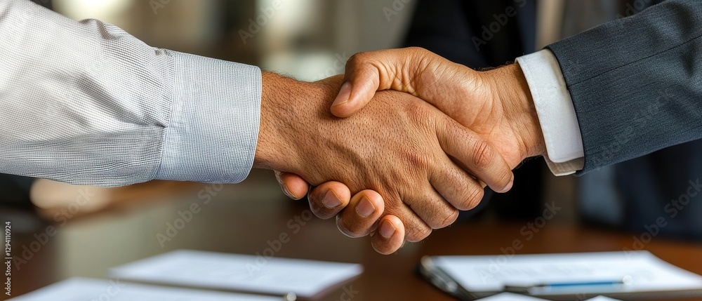 Obraz premium Two business professionals shake hands, symbolizing agreement, partnership, or deal-making in a professional setting.