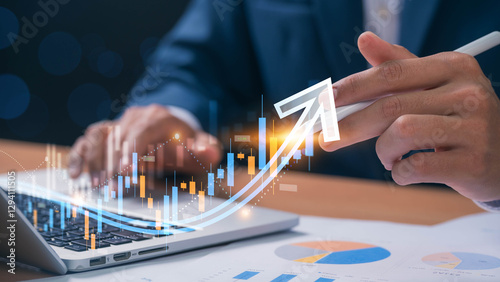 Concept of financial growth and investment success. businessman analyzing rising stock market trends, emphasizing stock trading, forex trends, and cryptocurrency market performance