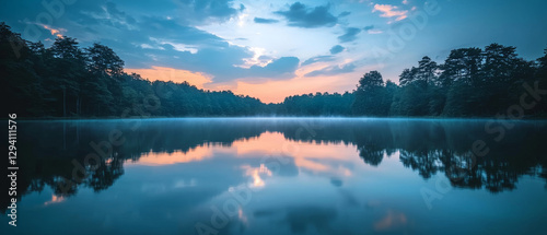 Serene lake reflecting sunrise, mist shrouding tranquil forest