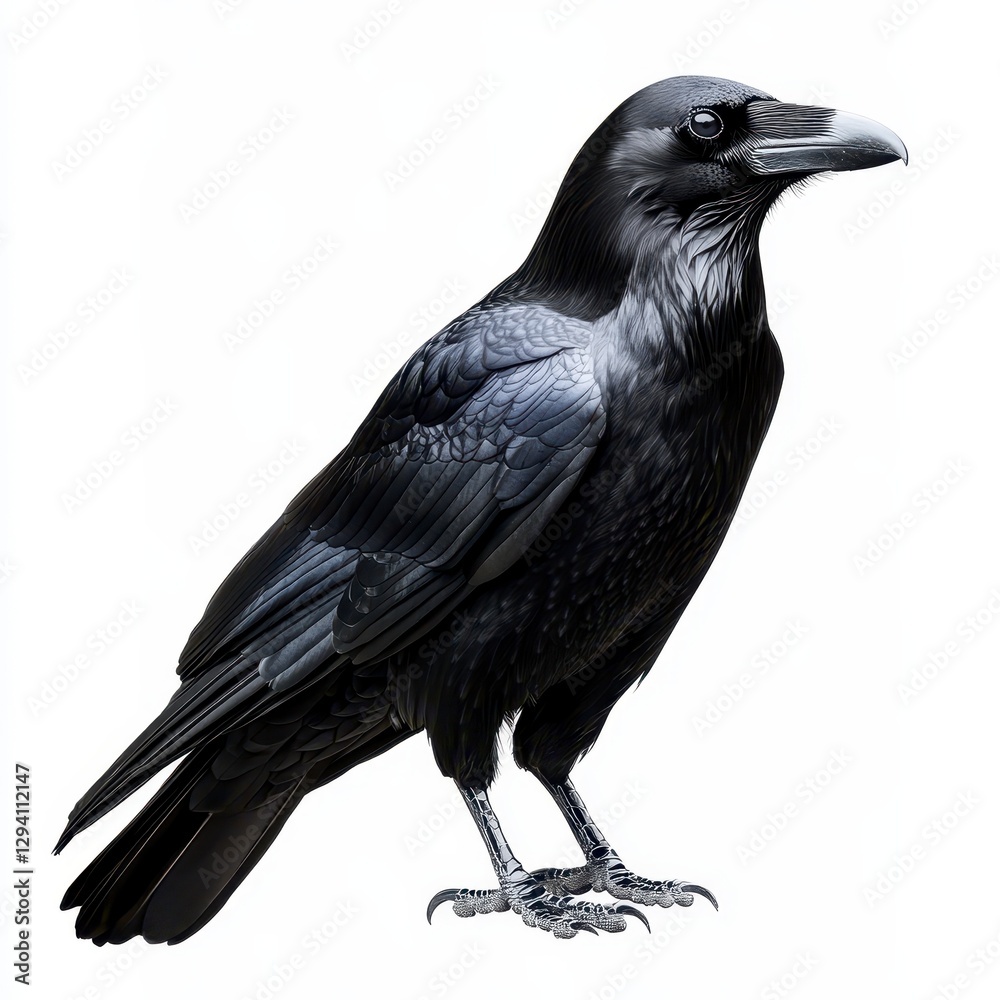 Fototapeta premium Black Bird Close Up On Plain Backgrounds With Detailing Description Of Bird's Features And The