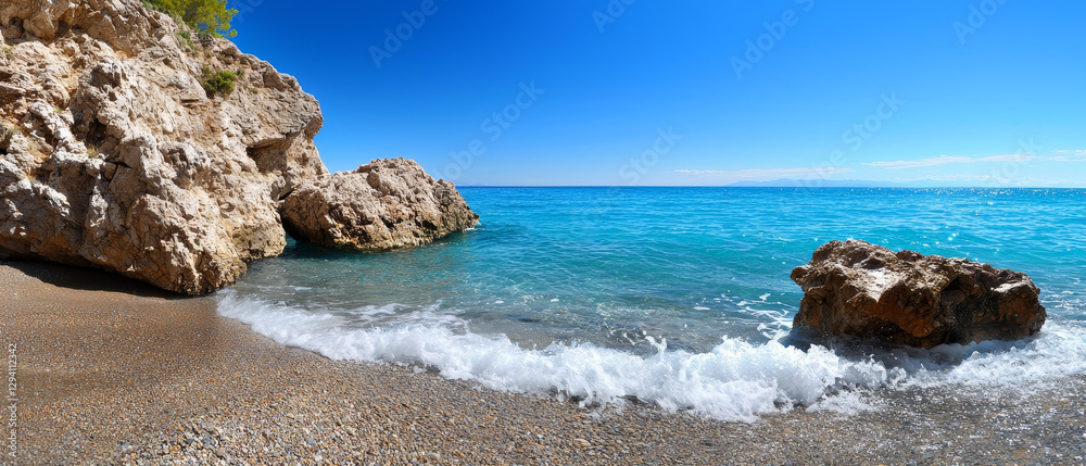 Pebble beach, turquoise water, rocky shore, sunny day Pebble beach, turquoise water, rocky shore, sunny day